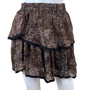 Allison Women Size L Black Tiered Floral Pull On Metallic Mini NEW Skirt Peasant